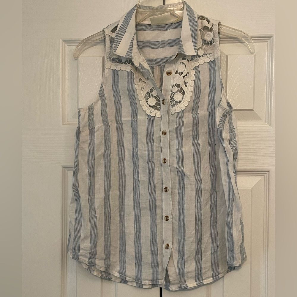 Maeve by Anthropologie Edinboro Linen Striped Linen Blouse Size Small